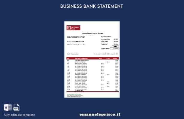 stile verificato IDFC Primo modello di estratto conto aziendale in formato Word 